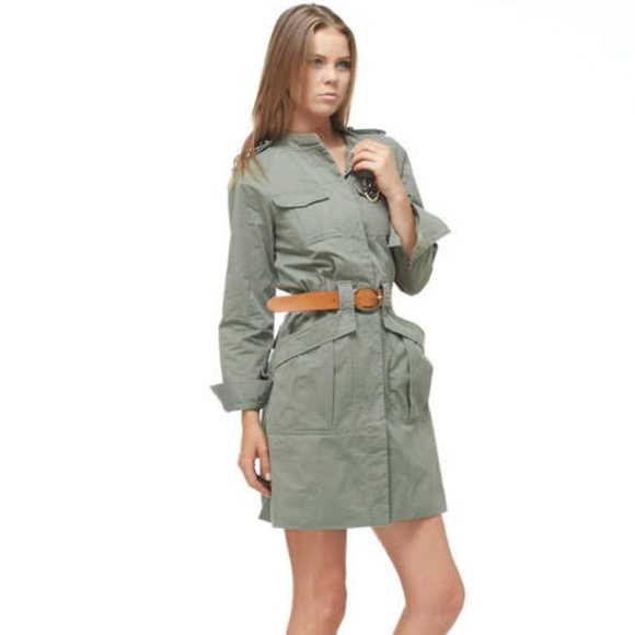 Khaki Green Belted Military Jacket  Trench - Picture 2 of 6